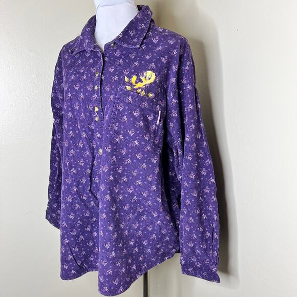 Vtg Looney Tunes Tweety Bird Shirt 22W-24W Women Corduroy 3X Purple Floral Y2K - Picture 3 of 11